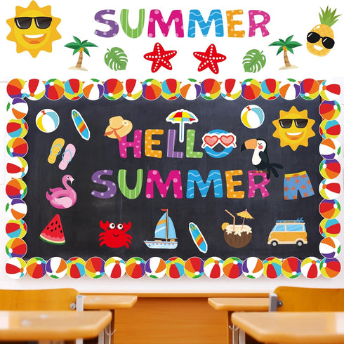 109Pcs Summer Cutouts Summer Bulletin Board Decorations Set Pool Beach Hawaiian Theme Cut Outs Ball Bulletin Board Border Summer Decorations for O...