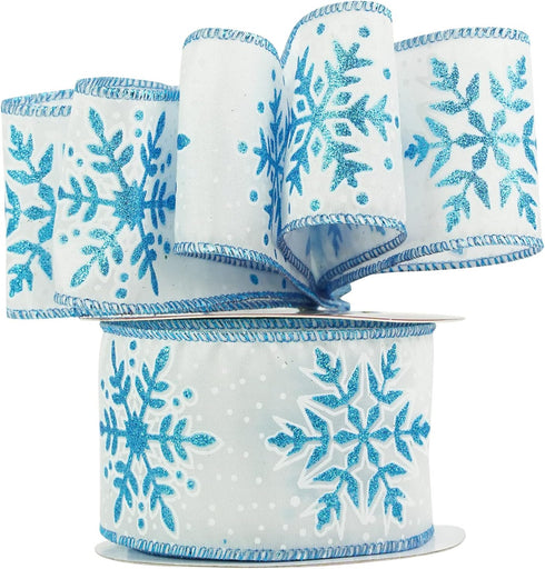 MEEDEE Blue Snowflake Ribbon White Ribbon with Blue Glitter Snowflake Ribbon 2.5 Inch Christmas Wired Ribbon for Winter Holiday Decor, Christmas T...