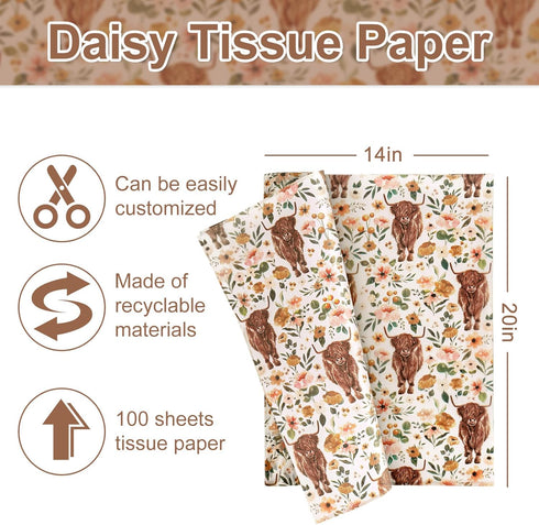 AnyDesign Boho Floral Highland Cow Tissue Paper 100 Sheet Watercolor Flower Art Tissue Farmhouse Cute Cow Wrapping Paper for DIY Crafts Gift Packi...