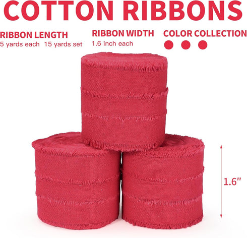 Red Christmas Ribbon 1-1/2 x 15 Yards Handmade Cotton Frayed Fringe Fabric Ribbons for Crafts Flower Bouquets Wedding Baby Shower Home DIY Decor...