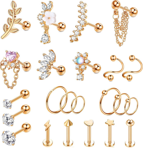 FIBO STEEL Cartilage Earring Conch Piercing Jewelry Helix Earrings Tragus Earrings for Women 16G 20G 316 Surgical Stainless Steel Opal CZ Labret J...