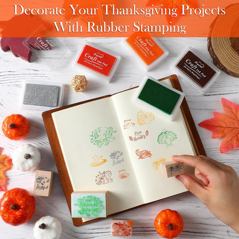 15 Pieces Thanksgiving Wooden Rubber Stamps and Craft Ink Pads Wooden Rubber Stamp for Scrapbooking and DIY Craft Card Stamps Pads for Kids Stamps...
