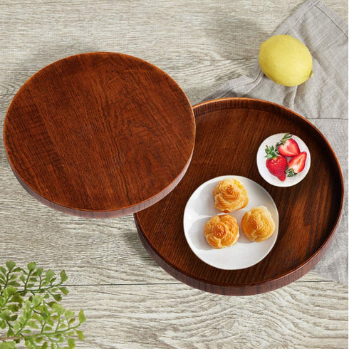 Solid Wood Serving Tray, Round Non-Slip Tea Coffee Snack Plate Food Meals Serving Tray with Raised Edges for Home Kitchen Restaurant (9.5inch, Bro...