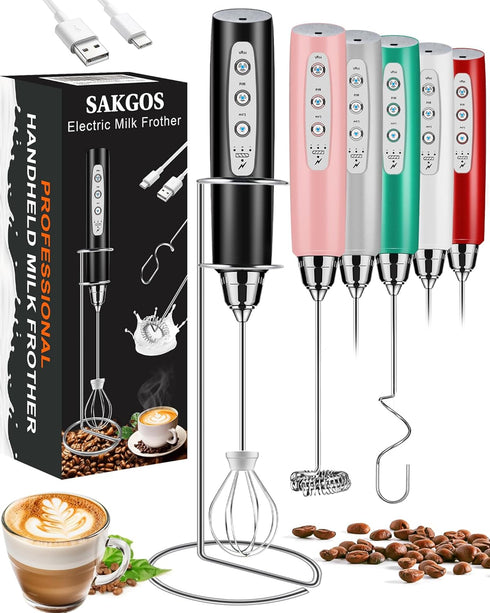 Milk Frother with Stand Rechargeable-Handheld Coffee Frother with 3 Stainless Whisks 3 Speed Adjustable, Electric Whisk Drink Mixer, Foam Maker Bl...