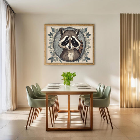Posterizer 1 pcs- Cute raccoon portrait on a circular blue frame-Art for Animal Lovers-Floral Botanical Art- Gift for Men Women Teens-Living Room...