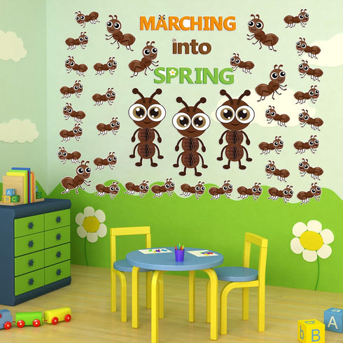 77Pcs Marching Into Spring Bulletin Board Set, Spring Insect Ant Honeycomb Cutouts Classroom Decorations, Hello Spring March Chalkboard Wall Decor...