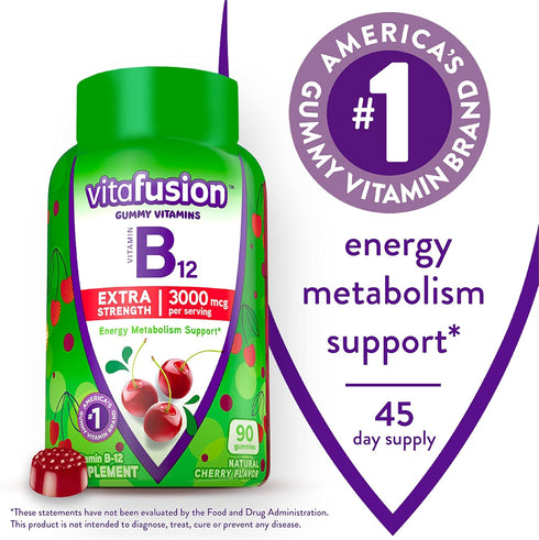 Vitafusion Extra Strength Vitamin B12 Gummy Vitamins for Energy Metabolism Support and Nervous System Health Support, Cherry Flavored, America’s N...