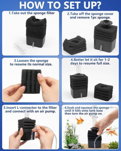 Aquarium Bio Sponge Filter Kit, Super-Quiet Submersible Fish Tank Foam Filter with 1 Spare Sponge and Full Accessories, Suits Tanks Within 110 Gal...