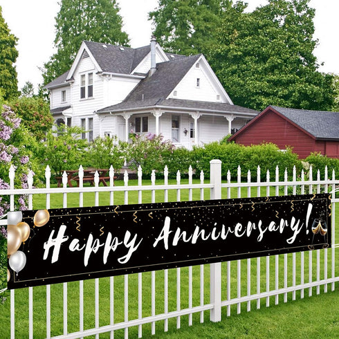 Romantic Happy Anniversary Decorations Banner - Black 118"x20" Bilingual "Feliz Aniversario" Sign, Extra Large Reusable Wedding Party Decor for In...
