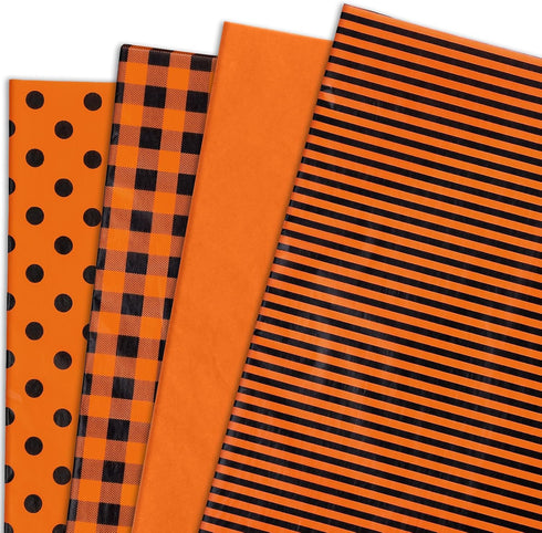 Whaline 100 Sheet Fall Tissue Paper 4 Design Orange Black Plaid Stripe Polka Dots Wrap Tissue Paper Autumn Gift Wrapping Accessory for Fall Celebr...