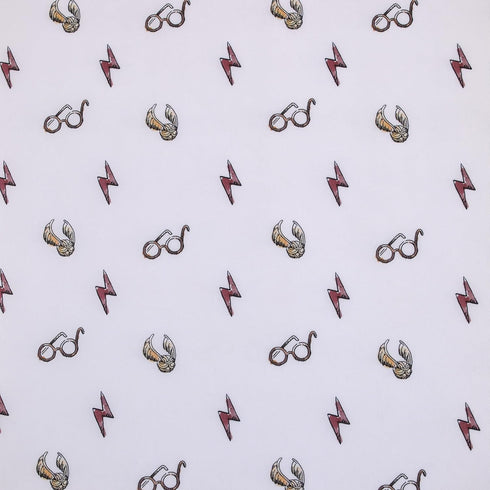 Warner Brothers Harry Potter White, Red, and Gold Lightning Bolt, Golden Snitch and Glasses Nursery Fitted Mini Crib Sheet...