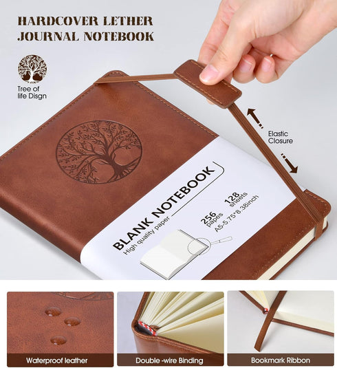 Blank Journal Notebook for Women Men, A5 Unlined Journal for Writing Sketchbook, Hardcover Leather Unruled Jouranl Notebook for Work with 256Pages...