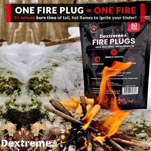 Fire Plugs (50) Waterproof Fire Starter for Campfires, Emergencies, Survival, Fire Pits, Grills | 5+ Minute Burn | All Natural | Made in North Ame...