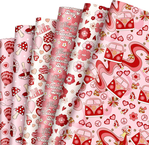 JarThenaAMCS 12 Sheets Valentine's Day Wrapping Paper Groovy Hippie Gift Wrap Paper Bulk Folded Flat Red Pink DIY Craft Art Paper for Birthday Wed...