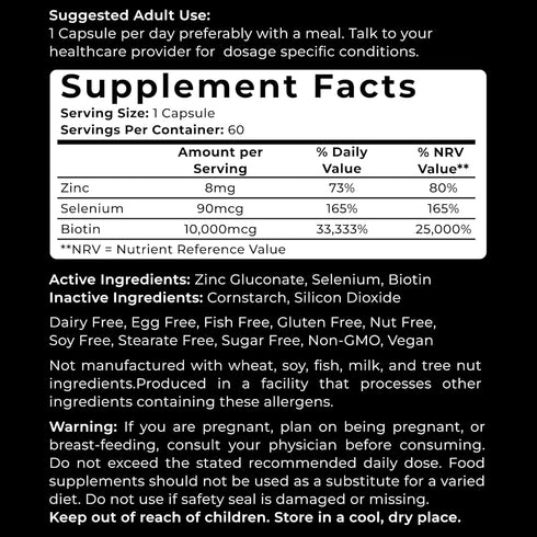 VWS Biotin 10,000 mcg Dietary Supplement w/Zinc & Selenium to Promote Thicker Hair Growth, Stronger Nails & Healthy Skin for Women and Men, 60 Veg...