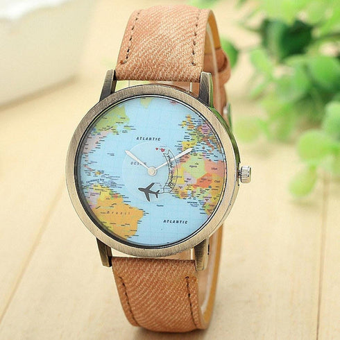 Unisex Retro Bronze Case Global Travel by Plane World Map PU Leather Band Quartz Watch...