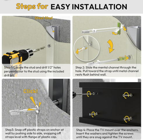 Steel Stud TV Mounting Kit, Metal Stud TV Mount Kit for Tilt & Low Profile TV, Drywall Anchors for TV Mounting Kit includes 4 Wall Anchors (1/4”) ...