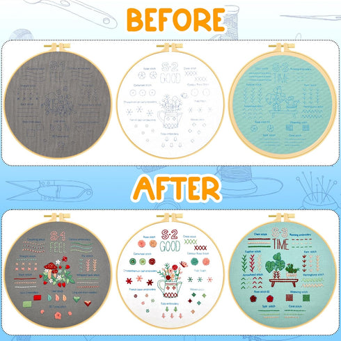 Ponpon 3 Sets Embroidery Kit for Beginners, Embroidery Kit for Adults with Follow Instruction, Cross Stitch Kits with Wooden Embroidery Hoops (Stl...