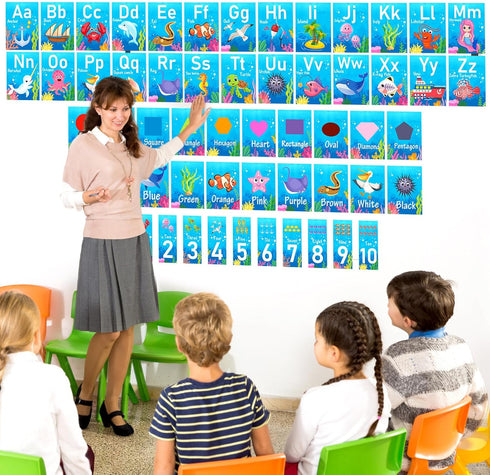 57 Pcs Alphabet Number Bulletin Board Set Under The Sea ABC Letters Number 0-10 Cards Cutouts Ocean Creatures Color Shape Educational Posters for ...