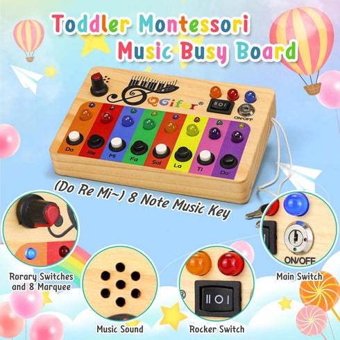 Autism Sensory Montessori Toys for 1 Year Old, Toddlers Busy Board for 1 2 3 4 Year Old, Wooden Switch Button Musical Mini Piano Key with LED Ligh...