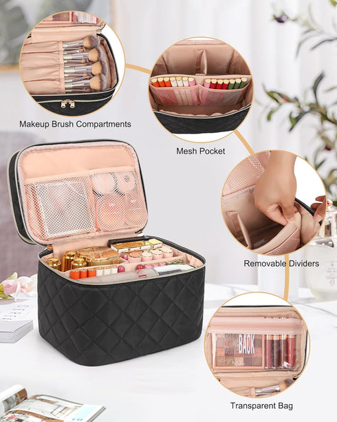 Travel Makeup Bag Organizer, Large Make Up Bag for Women, Double Layer Cosmetic Bag with Removable Dividers, Portable Makeup Case Storage, Black...
