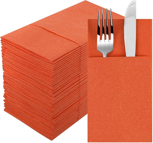 Dark Orange Napkins Hand Towels Disposable, Linen-Feel Dinner Napkins with Prefolded Built-in Flatware Pocket, Guest Paper Hand Towels For Wedding...