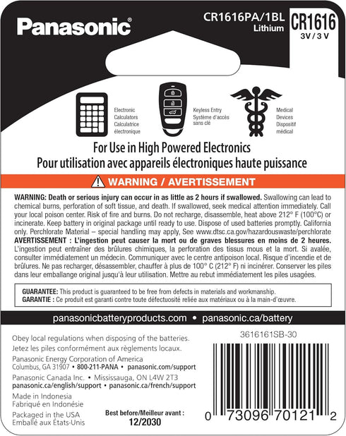 Panasonic CR1616 3.0 Volt Long Lasting Lithium Coin Cell Batteries in Child Resistant, Standards Based Packaging, 2-Battery Pack...