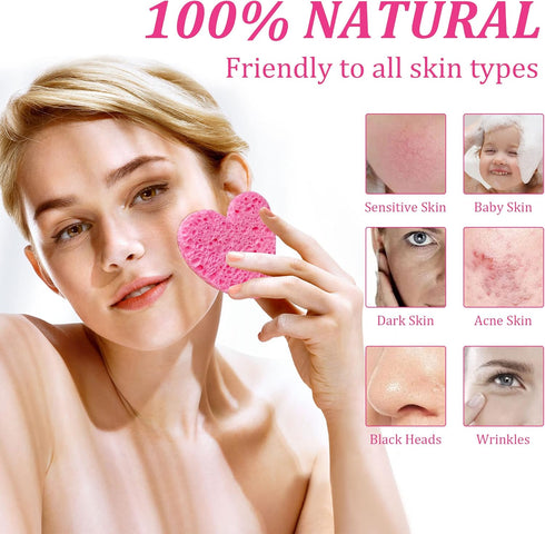 60-Count Kickleen Compressed Cellulose Heart Shape Facial Sponges | 100% Natural Cosmetic Spa Sponges for Facial Cleansing | Exfoliating | Makeup ...