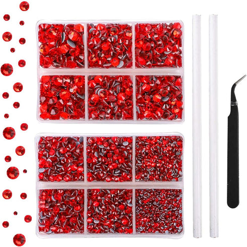 OUTUXED 5040pcs Red Flatback Rhinestones for Crafting, Crystal Round Gems for Nail Art DIY, Halloween Clothes Bags, 6 Mixed Size Hotfix With Tweez...