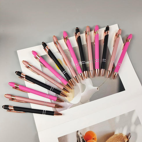 Aozora 15 Pieces Retractable Ballpoint Pens Black Ink 1.0 mm with Stylus Tip Touch School Office Decor Supplies Pretty Aesthetic Pens (Rose Gold,P...