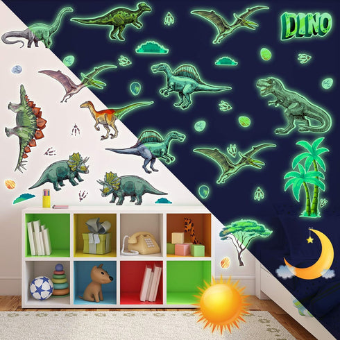 Zonon 114 Pcs/ 4 Sheet Glow in The Dark Dinosaur Wall Decals for Boys Bedroom Waterproof Self Adhesive Glowing Dinosaur Wall Stickers Removable Di...