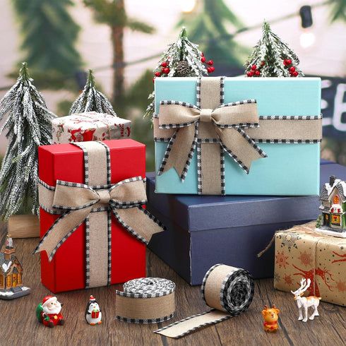 2 Rolls Christmas Buffalo Plaid Wired Edge Ribbons Christmas Tree Burlap Fabric Craft Wrapping Ribbon with Checkered Edge, 216 Inch(2.5 Inch Width...