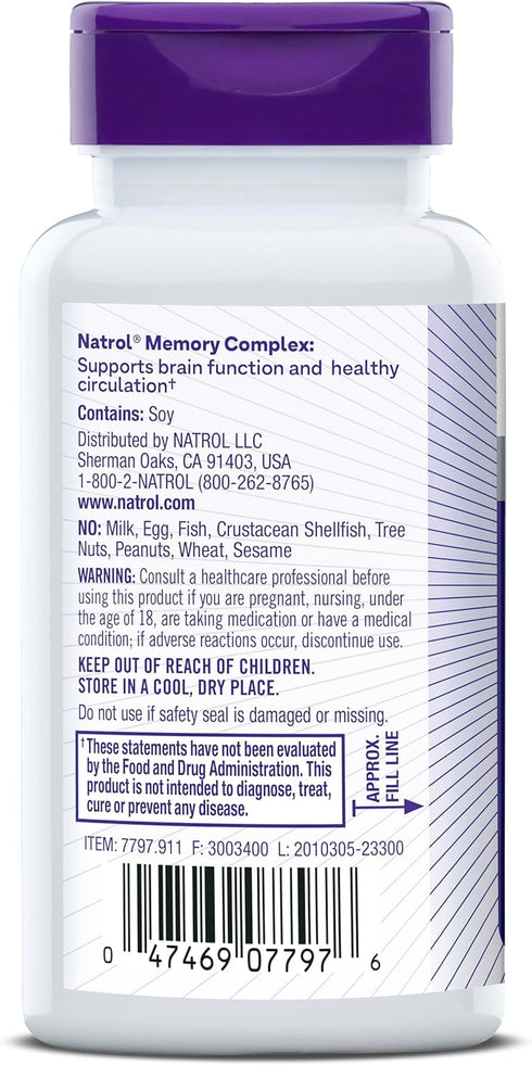 Natrol Memory Complex With Ginkgo Biloba 120mg and B Vitamins, Dietary Supplement for Brain Health and Memory Support, 60 Tablets, 30 Day Supply...