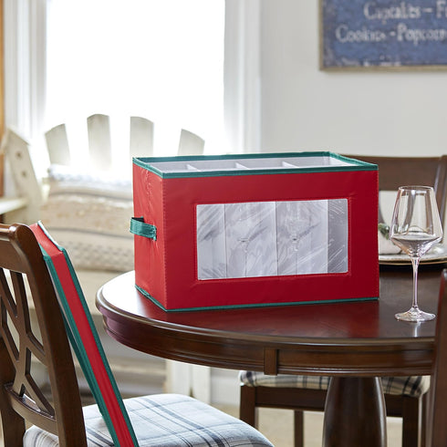 Household Essentials 540RED Holiday China Storage Chest with Lid and Handles, Cocktail Glasses and Red Canvas with Green Trim...