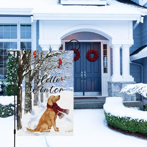 Louise Maelys Hello Winter Golden Dog Garden Flag 12x18 Double Sided, Burlap Farmhouse Small Cardinal Retriever Garden Yard Flags for Winter Seaso...