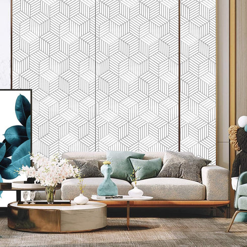 Mecpar Silver Geometric Hexagon Wallpaper 17.71"x 118" White and Silver Contact Paper Striped Wallpaper Peel and Stick Removable Self Adhesive Vin...