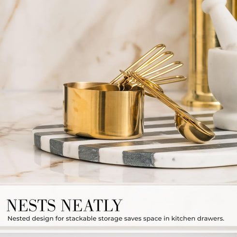 STYLED SETTINGS Gold Measuring Cups and Spoons Set – Stackable 8-Piece Brass Measuring Set – Stylish and Sturdy Gold Kitchen Accessories for Bakin...