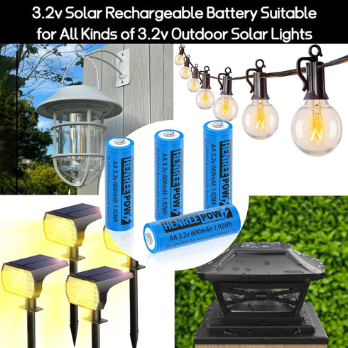 Henreepow 3.2v AA 600mAh Rechargeable Battery, LiFePo4 Double A Rechargeable Battery Low Self-Discharge, 3.2v Rechargeable Batteries for Solar Lig...