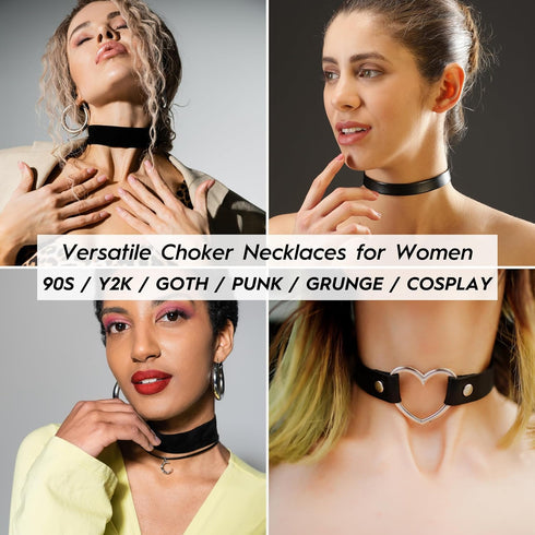 Black Leather, Velvet, Heart Pendant Choker 90s Accessories Goth Style Classic Punk Gothic Neck Collar Choker Necklace for Women and Men, Pack of ...