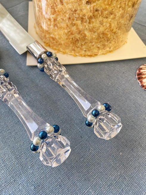 FISHBONE Stainless Steel Wedding Cake Knife and Server Set with Delicated Nautical Blue Rings Design - Perfect Cake Cutting Set for Weddings and S...