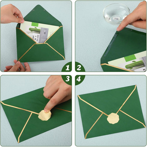 Teling 50 Pcs A7 Envelopes 5 x 7 Card Envelopes and 50 Pcs Gold Embossed Wax Seal Envelopes Self Adhesive V Flap Envelopes with Gold Border for Gr...