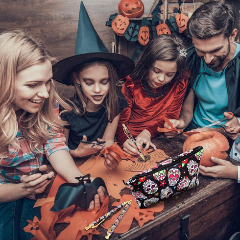 12 Pcs Sugar Skull Pens with Pencil Case Ballpoint Pens Retractable Click Ball Pens Sugar Skull Gifts Skull Pouch with Zipper for Cinco de Mayo Ch...