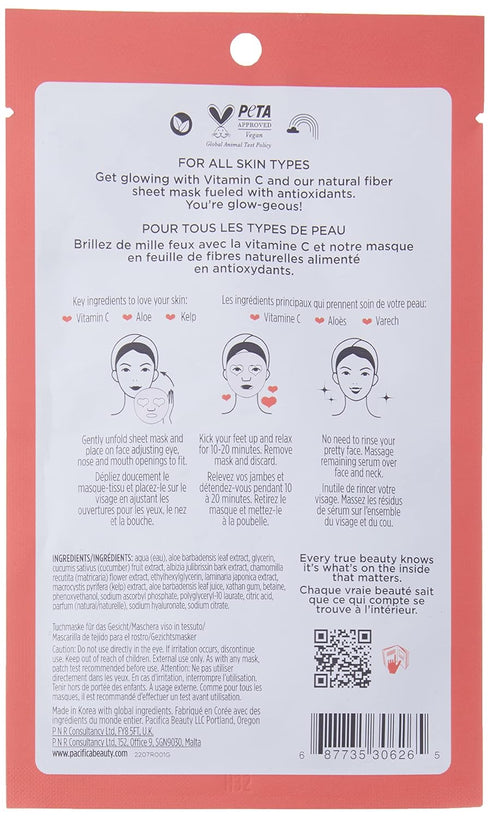 Pacifica Beauty, Glow Baby Brightening Face Mask, Sheet Mask, Skincare, Vitamin C, Aloe, Kelp, Brightening, Glowing Skin, Dullness, Fine Lines, Da...