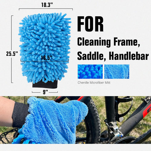 Bike Cleaning Kit (6 Pcs) with 1 Storage Bag, 5 Brushes for Tires, Chain, Sprockets, Cranks, Hubs, and Spokes, 1 Cleaning Mitt for Frame, Saddle, ...