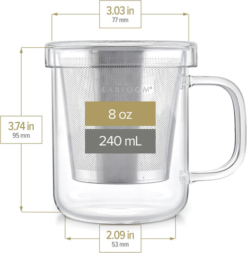 Teabloom Premium Borosilicate Glass Mug with Stainless Steel Loose Leaf Tea Infuser and Lid/Dish - 8 Ounces (240 mL)...