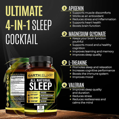 4-in-1 Sleep Aid (120 Caps) w/Apigenin 50mg, Magnesium Glycinate 200mg, L Theanine 250mg & Valerian Root for Sleep Aid 250mg | Apigenin Supplement...