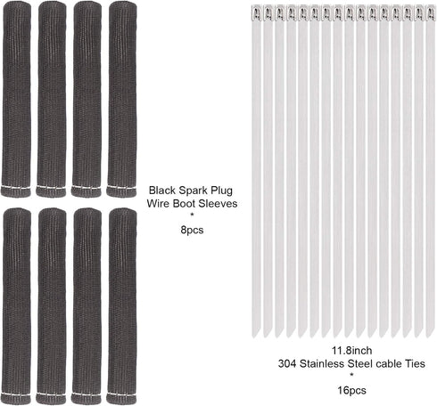 8PCS Spark Plug Wire Boots 6 inches 2500° Heat Shield Protector Sleeve with 16pcs Stainless Steel Wire Ties(Black)...