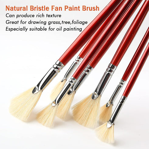 Fan Brush for Painting, 7 Pieces Fan Brush Set with Hog Bristle Natural Hair and Long Wood Handle, Professional Artist Fan Brushes for Acrylic Pai...