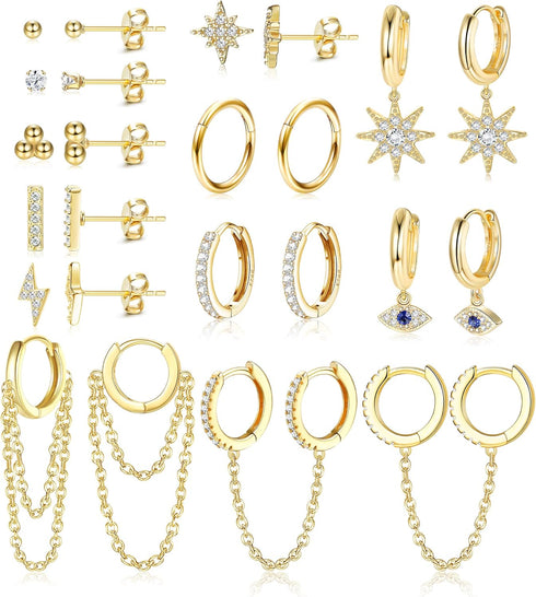 IRONBOX 12Pairs 14K Gold Plated Huggie Hoop Studs Earrings Set for Women Small Dainty Minimalist Chain Earrings Cartilage CZ Ball Earrings Sets fo...