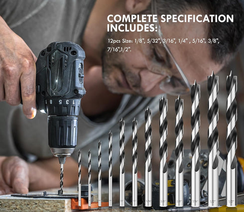 Brad Point Wood Drill Bit Set, 12Pcs Drill Bit Set with Double Flutes Design for Carpenter Woodworking and All Types of Wood (1/8" - 1/2")...